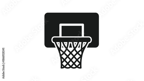 A black silhouette of a basketball hoop and net is shown, representing the sport of basketball and the objective of scoring points.