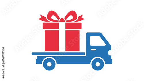 A red gift box with a ribbon sits atop a blue delivery truck, symbolizing gift delivery, logistics, and special shipping services.