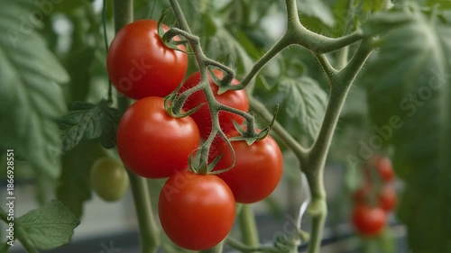 Ripe Red Tomatoes Growing On Vine In Greenhouse Natural Lighting Close Up