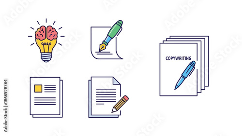 A set of icons related to copywriting, including a lightbulb for ideas, pens, pencils, and documents, symbolizes writing and content creation.