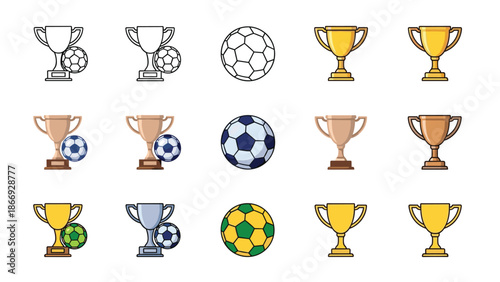 A collage of soccer trophies and soccer balls in various styles and colors celebrates victory, achievement, and the sport of football.