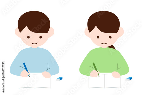 机に向かって勉強する男性と女性のイラスト素材