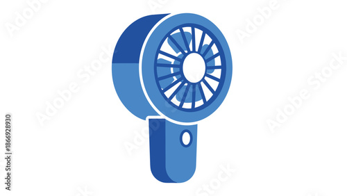 A blue handheld fan with a circular head and a grip handle is illustrated, representing cooling, air circulation, and portability.