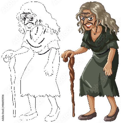 Old Woman with Cane Cartoon Vector Illustration