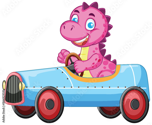Smiling Pink Dinosaur Driving a Blue Toy Car