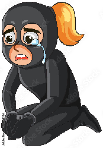 Sad Female Robber in Handcuffs Kneeling on Floor