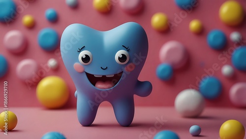 Adorable 3D Rendered Blue Tooth Character with a Happy Smiling Face and Pink Cheeks on a Vibrant Pink Background with Colorful Pastel Polka Dots for Pediatric Dental Care and Oral Hygiene.