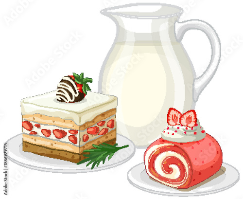 Strawberry Layer Cake and Swiss Roll with a Pitcher of Milk