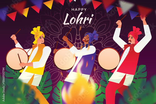 Festive lohri background with colorful flags and traditional punjabi dance vector