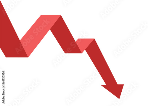 Red Zigzag Business Arrow Falling Down Representing Loss, Decline, and Continuous Downtrend