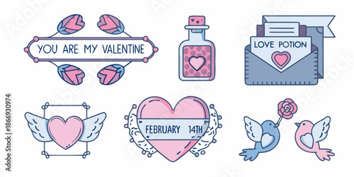 Valentine s day themed illustrations hearts potion cards and love birds