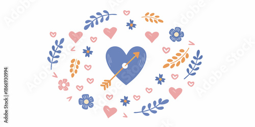 Floral wreath with a blue heart pierced by an arrow symbolizing love