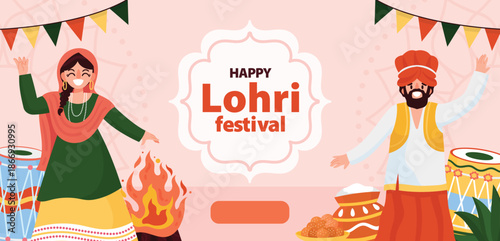 Happy lohri celebration poster with bonfire and winter harvest elements vector