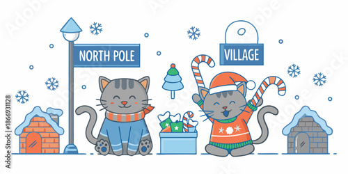 Festive cats welcome visitors to the north pole village with holiday cheer