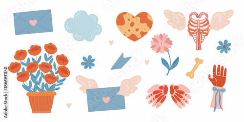 A collection of love and anatomy themed illustrations in a pastel color palette