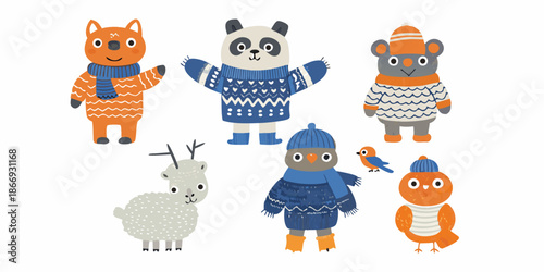 Cute winter animals wearing colorful sweaters and hats illustrated in a cartoon style