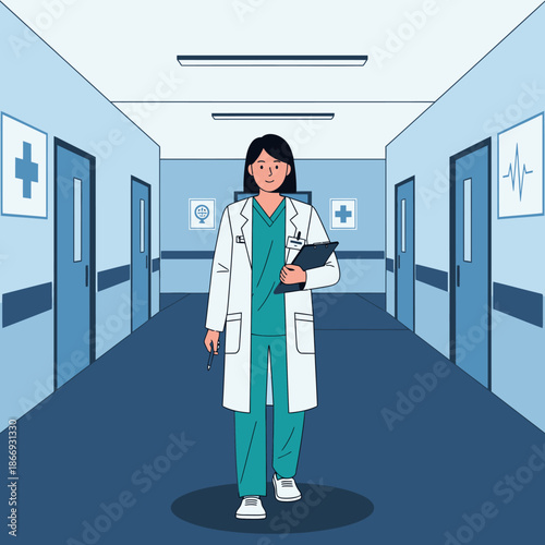 Doctor walking in hospital hallway with clipboard