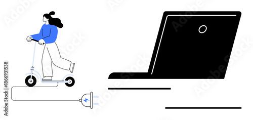 Sustainable transportation, technology integration, eco-friendly commuting, modern connectivity, urban lifestyle, remote work. Person on an electric scooter near a laptop. Sustainable transportation