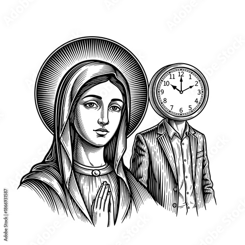 Virgin Mary and Clock Head Symbolic Illustration