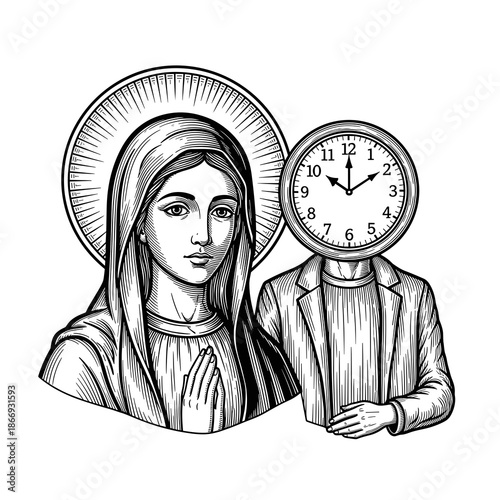 Religious Virgin Mary and Clock Figure Illustration