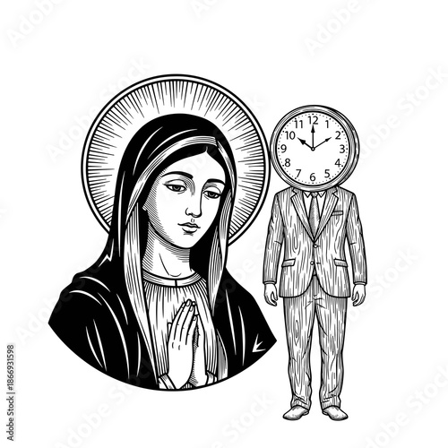 Virgin Mary Illustration with Clock Head Man