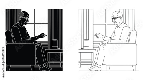 A man seated in a chair presented in both blackfill and outline styles