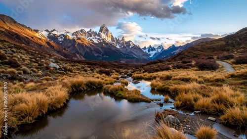 Dramatic Mount Fitz Roy and Snow-Capped Mountains Reflected in Stream at Sunrise, Patagonia