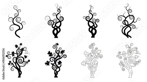 Elegant floral swirls and tree branch designs in black and white