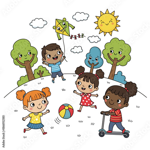 Cheerful cartoon illustration of diverse children happily playing fun outdoor games in a vibrant sunny park landscape