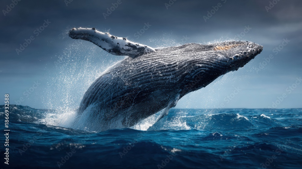 Fototapeta premium Majestic Whale Breaches Ocean Surface Splashing Water With Marine Life Around in Deep Blue Hues and Dramatic Depth at Sea