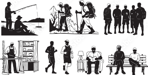 Black and white silhouettes of people in various activities and settings