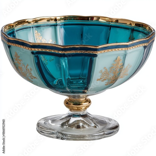 Luxury princess-style dessert dish with light blue jelly, transparent glass and gold decorations, elegant 3D illustration for gourmet presentation