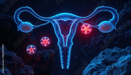 Illuminated anatomical representation of female reproductive organs highlights internal structures and anomalies