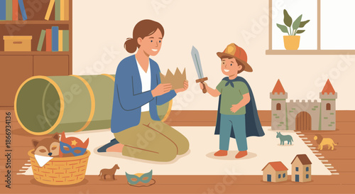  Play Therapist Using Role-Play Games
A flat vector illustration of a play therapist engaging a child in role-play using costumes or figurines. Simple props like masks or toy houses appear. 