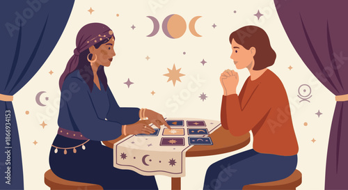 Tarot Reading Session
A flat vector illustration of a tarot reader and a client sitting across from each other at a small table. 