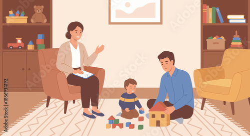 Play Therapist Parent-Child Session
A flat vector illustration of a play therapist observing or guiding a parent and child during therapeutic play. Supportive interaction, comfortable therapy room. 