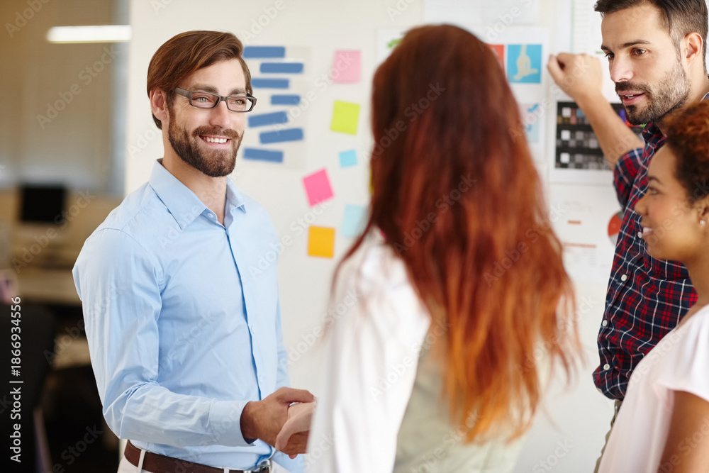 Obraz premium Handshake, meeting and welcome with business people in office for partnership, thank you or hiring. Collaboration, onboarding and introduction with employees shaking hands in agency for b2b agreement