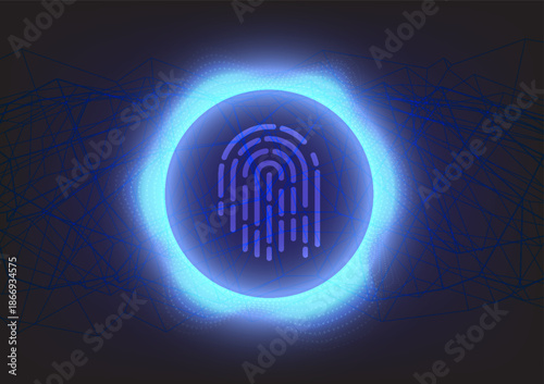 Glowing vector blue fingerprint scan icon in futuristic digital style, representing biometric identification, cybersecurity secure access technology for modern digital systems.