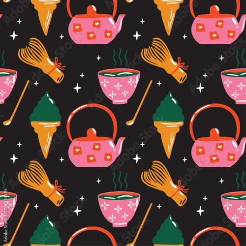 Japanese matcha tea ceremony vector seamless pattern with kawaii cute cartoon illustration of matcha making process elements, ice cream for menu design, wrapping paper