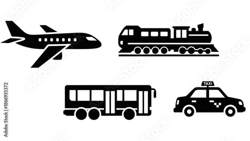 Transportation Icons: Plane, Train, Bus, Taxi