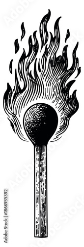 Hand drawn illustration of a matchstick depicting a burning flame for a fire concept