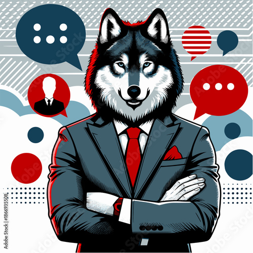 Confident wolf negotiator communicating strategy on abstract pop art background