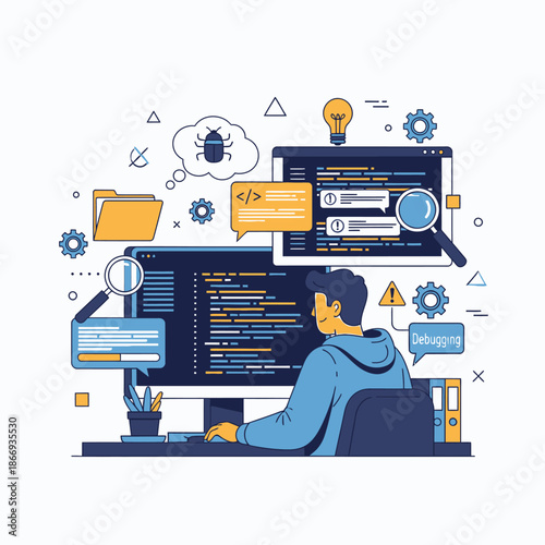 Software developer debugging code on computer
