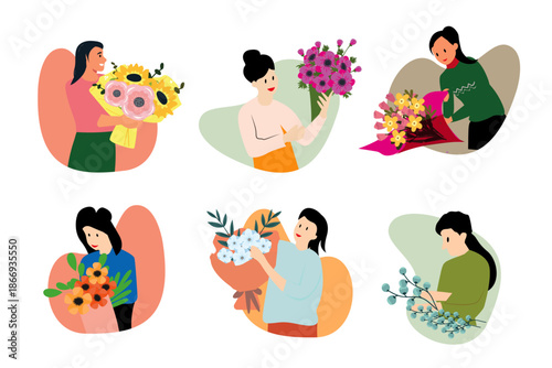 different women arranging holding floral bouquets illustration