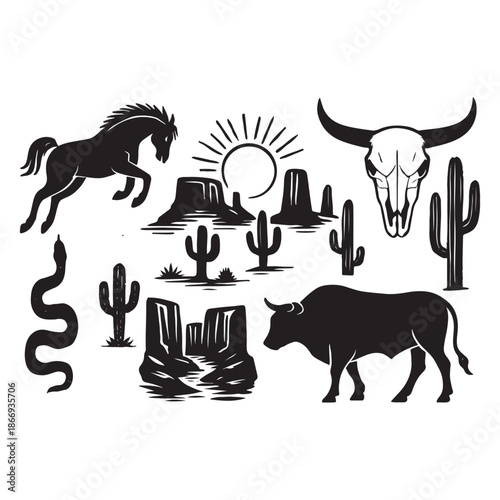 Western Desert Linocut Print Set – Boho Cactus, Canyon Wildlife & Rodeo Icons