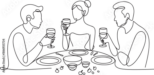 Birthday party continuous one line vector drawing. Woman and guests sitting at table drink wine, toast