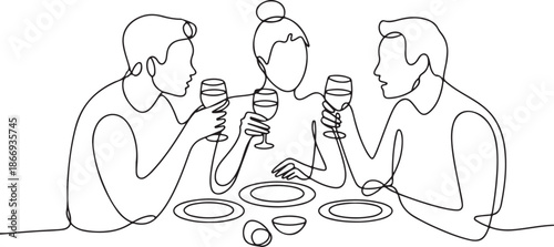 Birthday party continuous one line vector drawing. Woman and guests sitting at table drink wine, toast