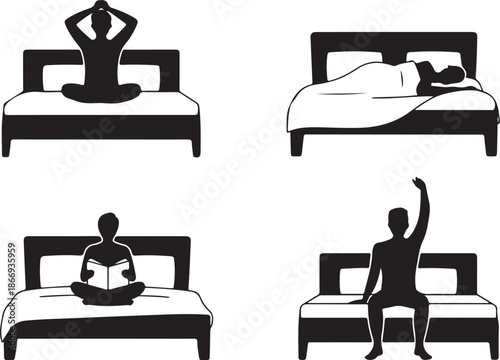 Black silhouettes of people in bed, waking, sleeping, reading, stretching, lifestyle illustration, morning routine, sleep habits, vector design