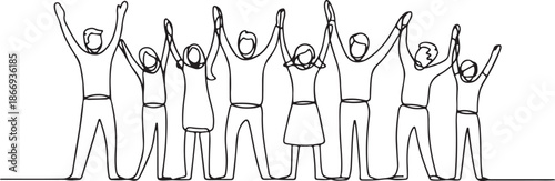 Cheerful crowd cheering illustration. Hands up. Group of applause people continuous one line vector drawing