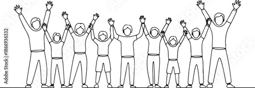 Cheerful crowd cheering illustration. Hands up. Group of applause people continuous one line vector drawing